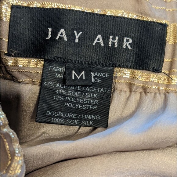 JAY AHR taupe & gold striped strapless floor length maxi dress, soie silk M - Picture 3 of 7